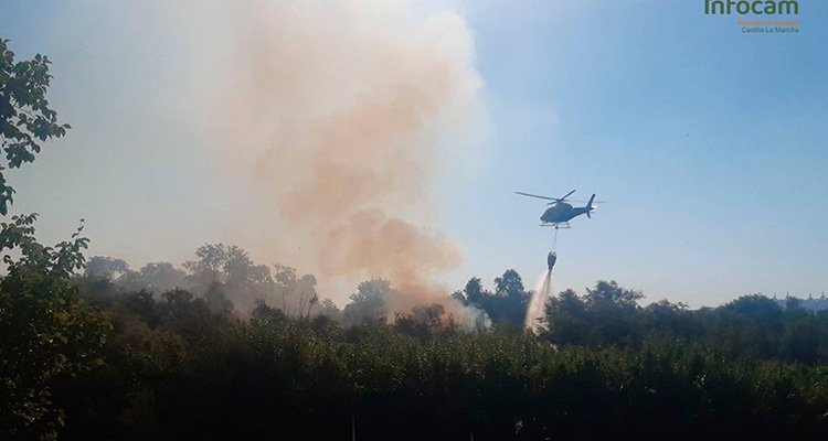 Un medio aéreo trabajaba en la mañana de este lunes para extinguir el incendio en la isla del Tajo (Foto: Infocam).