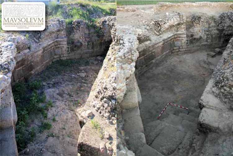 Tras eliminar previamente la escombrera en que se había convertido, el antes y el después de la intervención en la cripta del Mausoleo de Las Vegas de San Antonio.